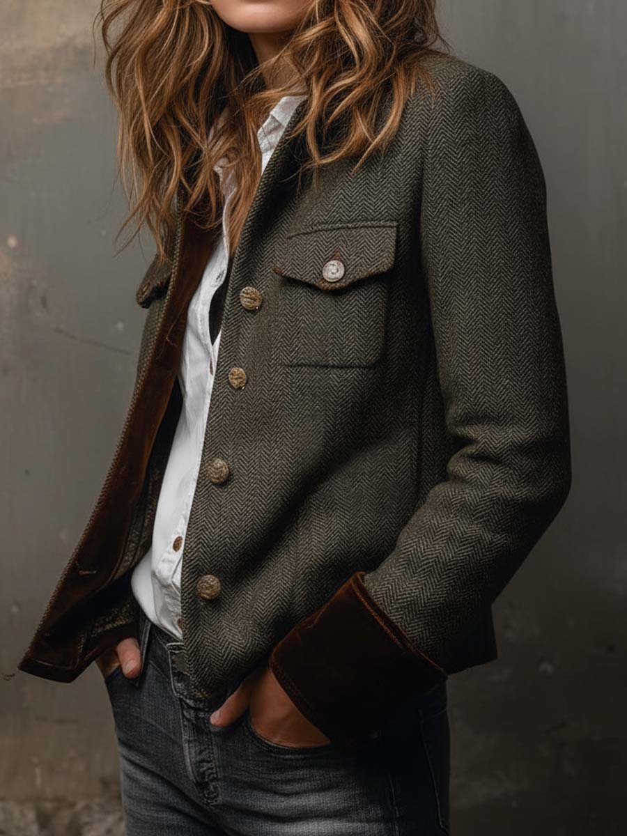 VELLARI | Blazer Vintage a Spina di Pesce con Profili a Contrasto