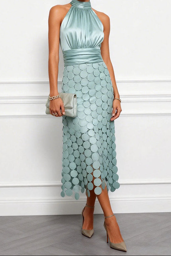 VELLARI | Abito Midi Elegante con Collo Halter ed Effetto Satinato
