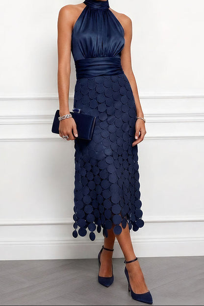 VELLARI | Abito Midi Elegante con Collo Halter ed Effetto Satinato