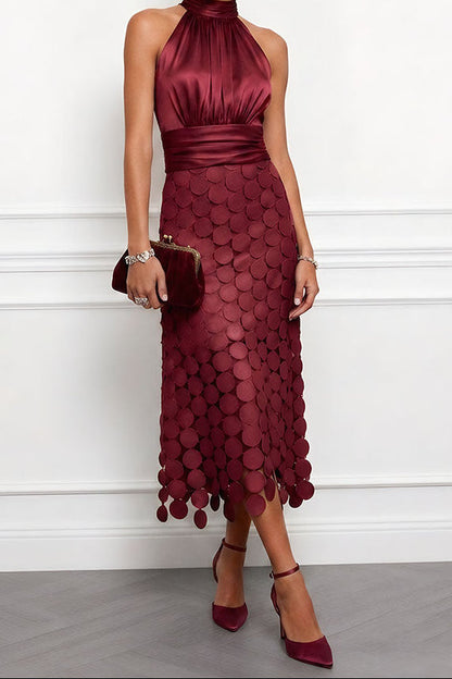 VELLARI | Abito Midi Elegante con Collo Halter ed Effetto Satinato