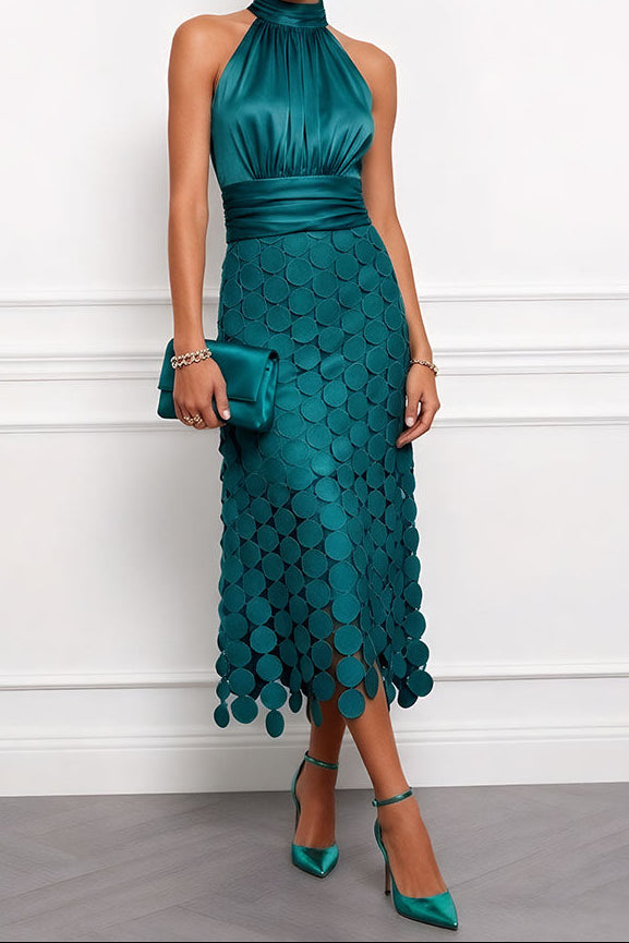 VELLARI | Abito Midi Elegante con Collo Halter ed Effetto Satinato