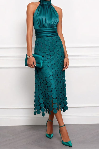 VELLARI | Abito Midi Elegante con Collo Halter ed Effetto Satinato