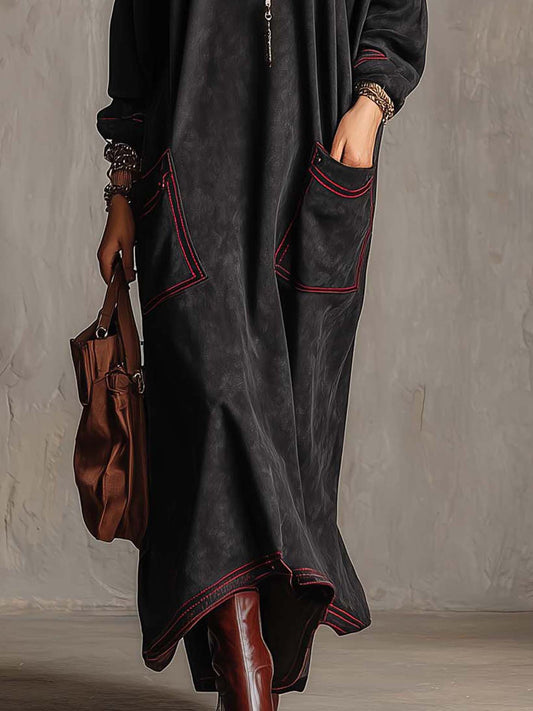 VELLARI - Abito Maxi Oversize con Tasche Applicate e Dettagli Rossi