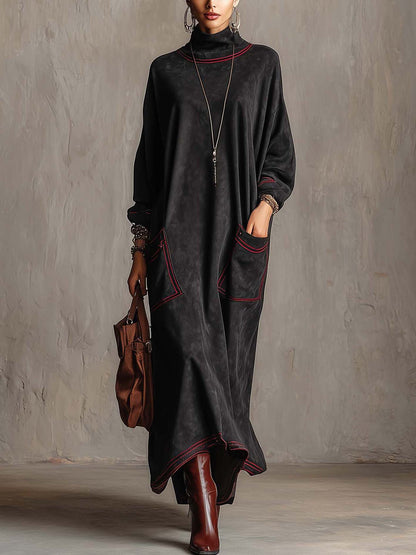 VELLARI - Abito Maxi Oversize con Tasche Applicate e Dettagli Rossi