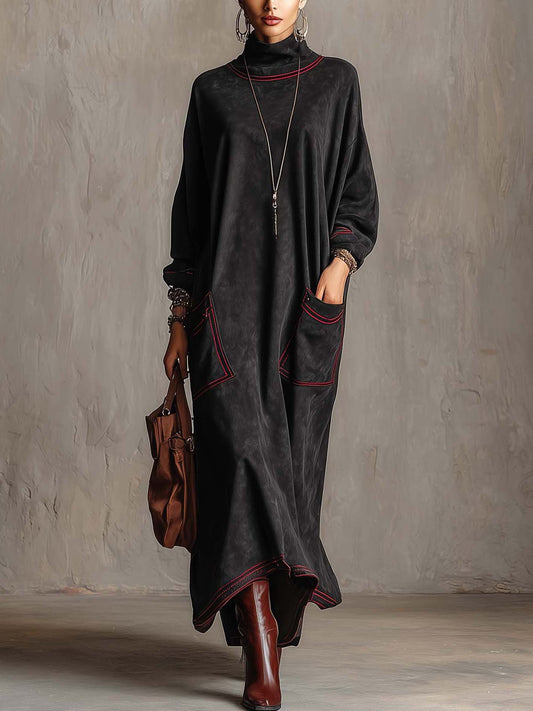 VELLARI - Abito Maxi Oversize con Tasche Applicate e Dettagli Rossi