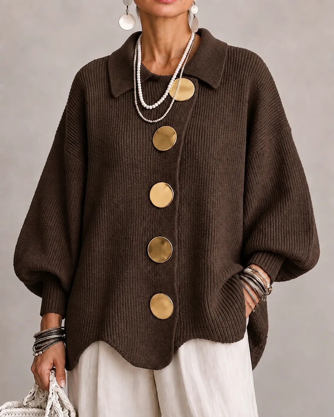VELLARI | Cardigan Oversize in Maglia con Bottoni Dorati
