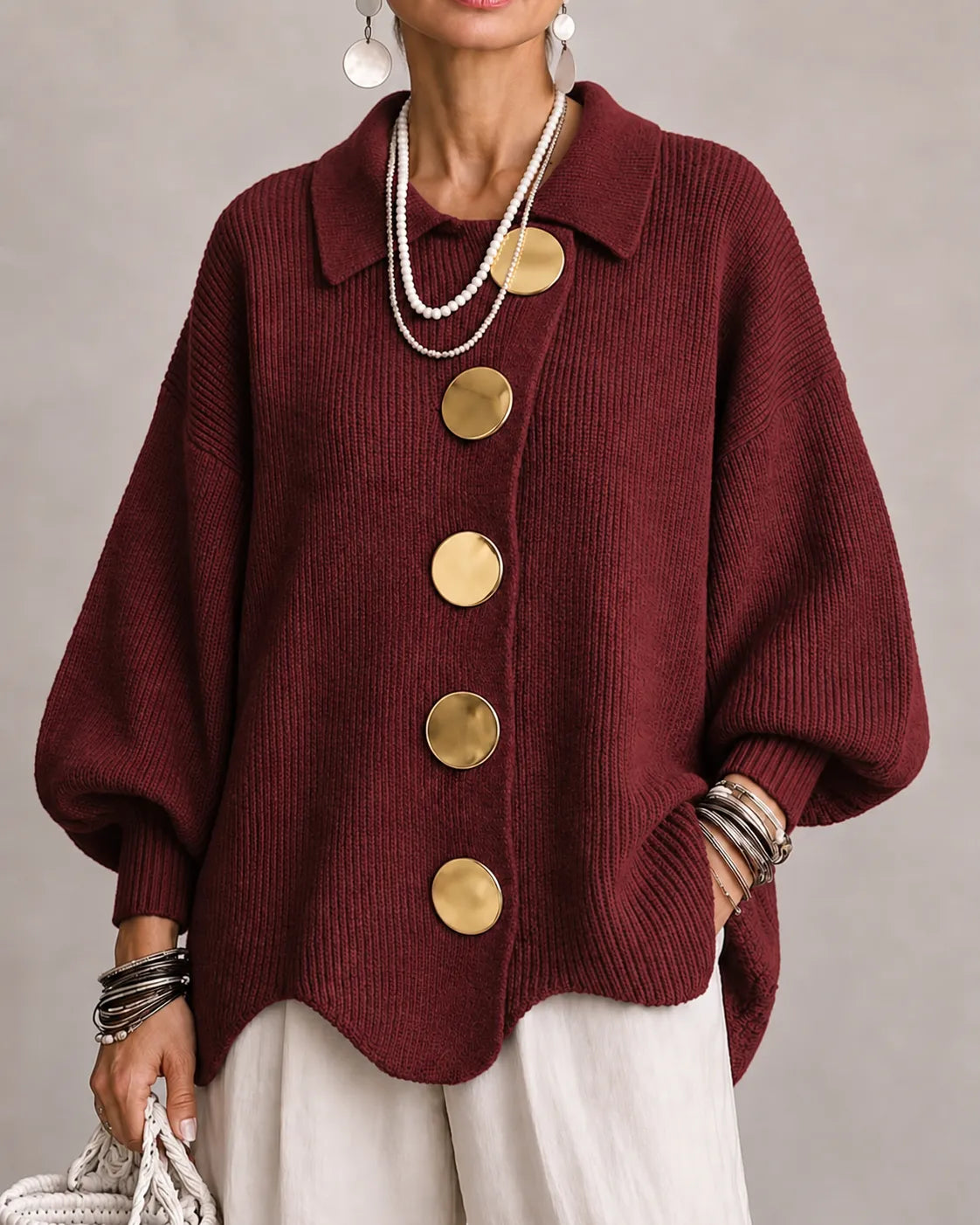 VELLARI | Cardigan Oversize in Maglia con Bottoni Dorati