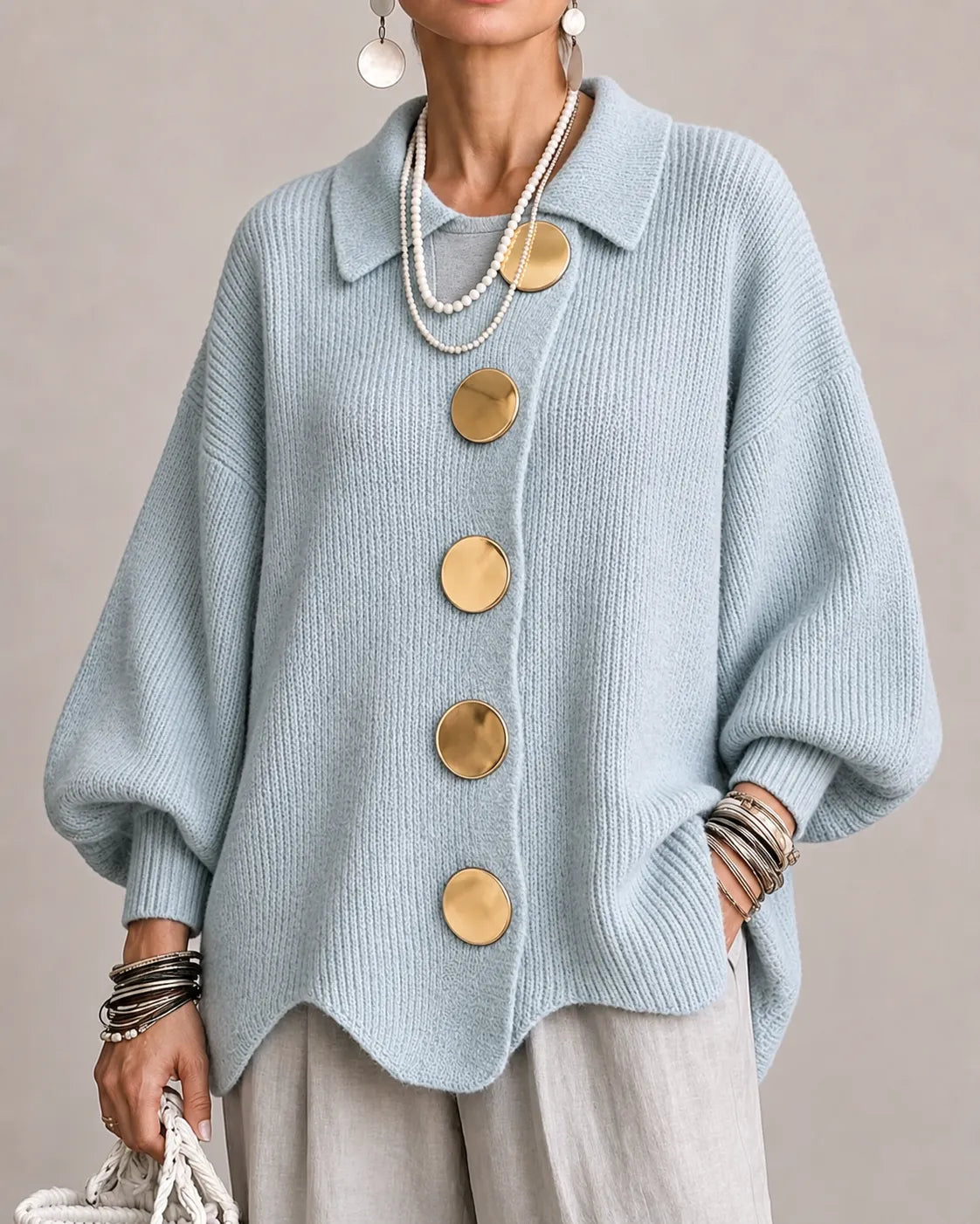 VELLARI | Cardigan Oversize in Maglia con Bottoni Dorati