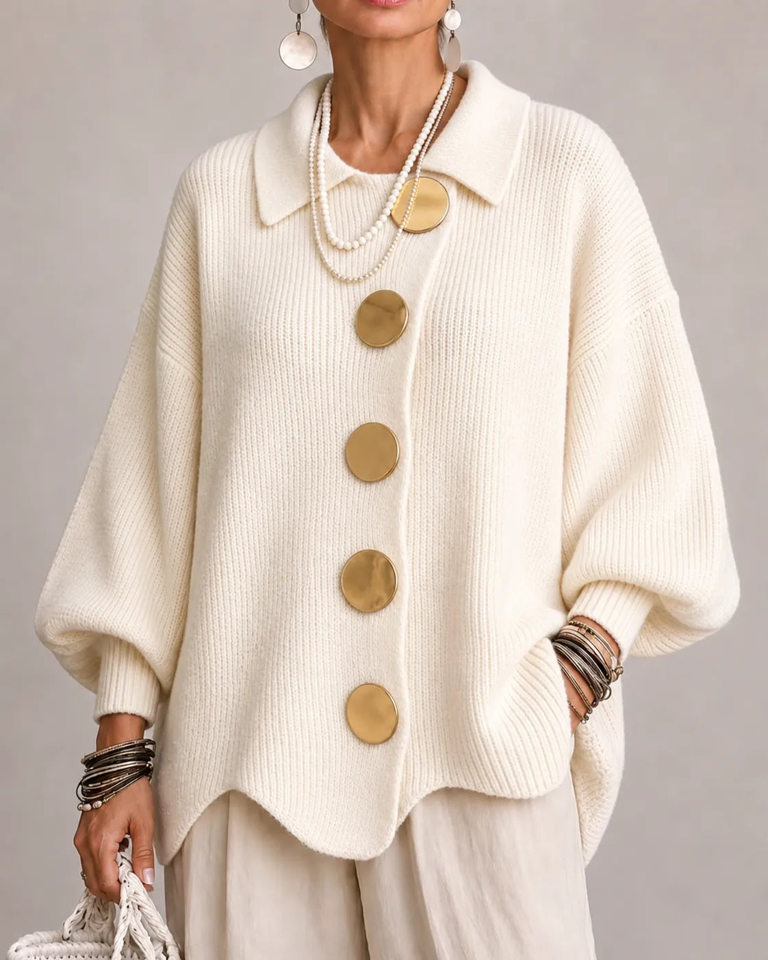 VELLARI | Cardigan Oversize in Maglia con Bottoni Dorati