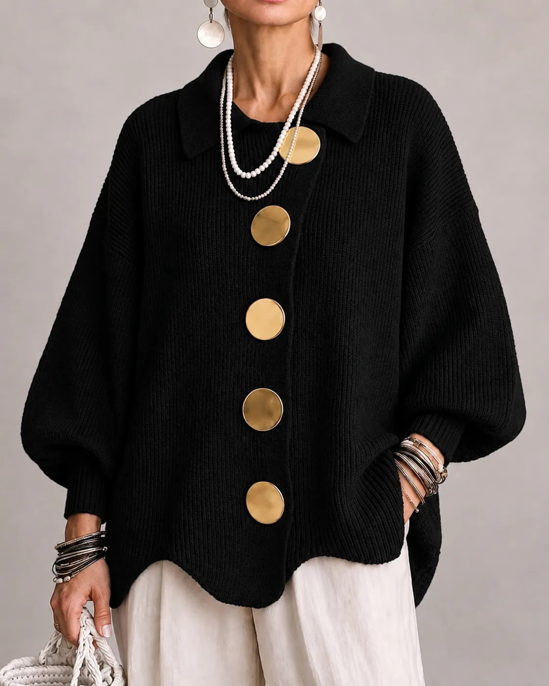 VELLARI | Cardigan Oversize in Maglia con Bottoni Dorati