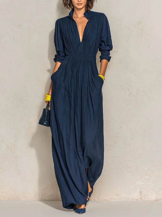VELLARI - Abito Maxi Fluido con Scollo a V e Tasche Laterali
