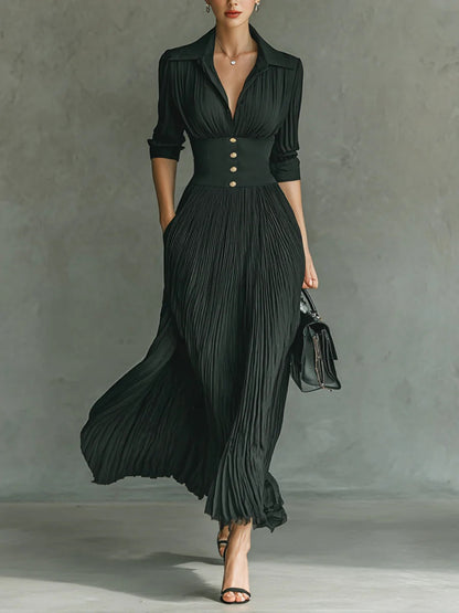 VELLARI - Abito Maxi Sartoriale con Collo a Revers e Vita Alta