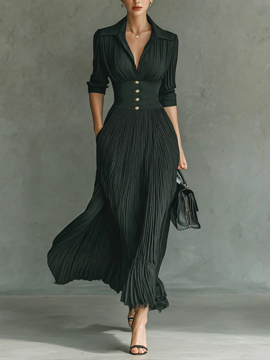 VELLARI - Abito Maxi Sartoriale con Collo a Revers e Vita Alta