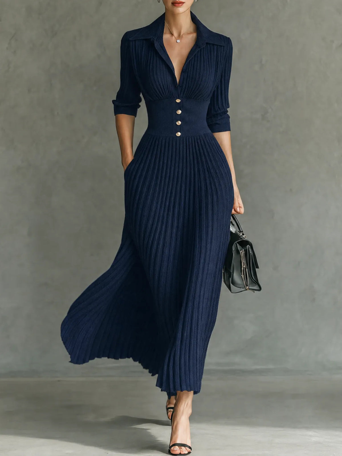 VELLARI - Abito Maxi Sartoriale con Collo a Revers e Vita Alta