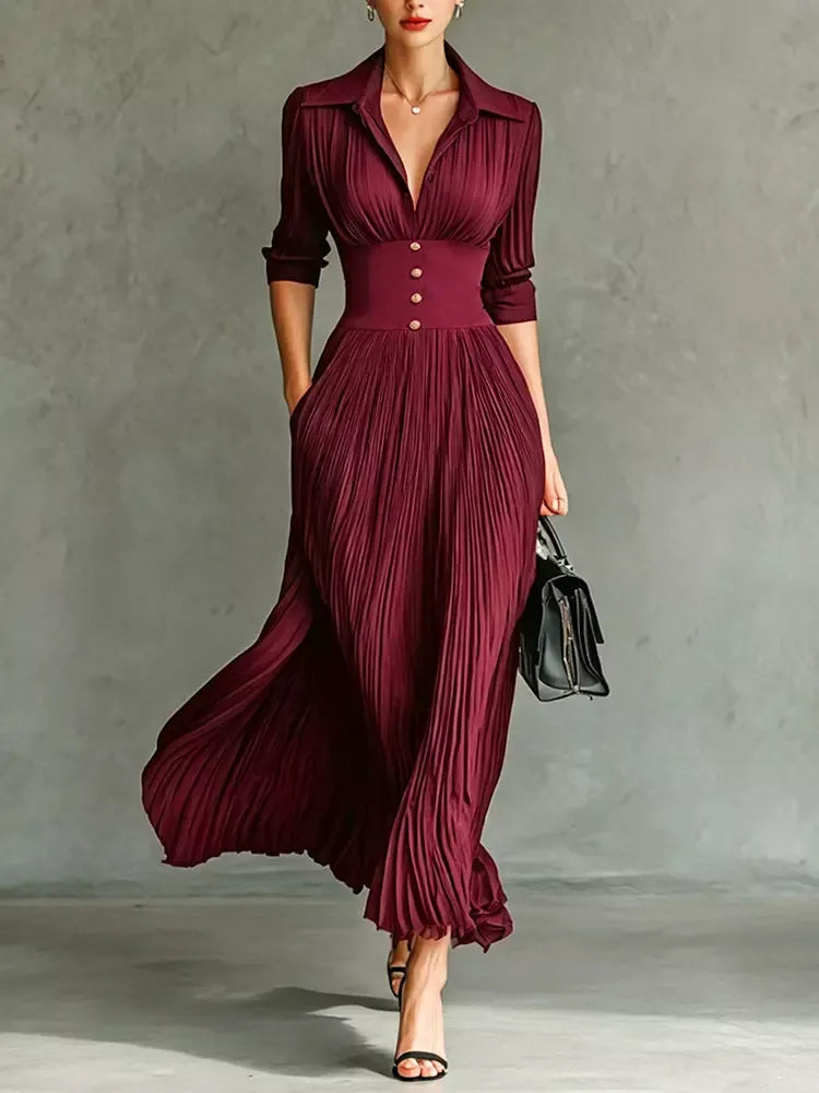 VELLARI - Abito Maxi Sartoriale con Collo a Revers e Vita Alta