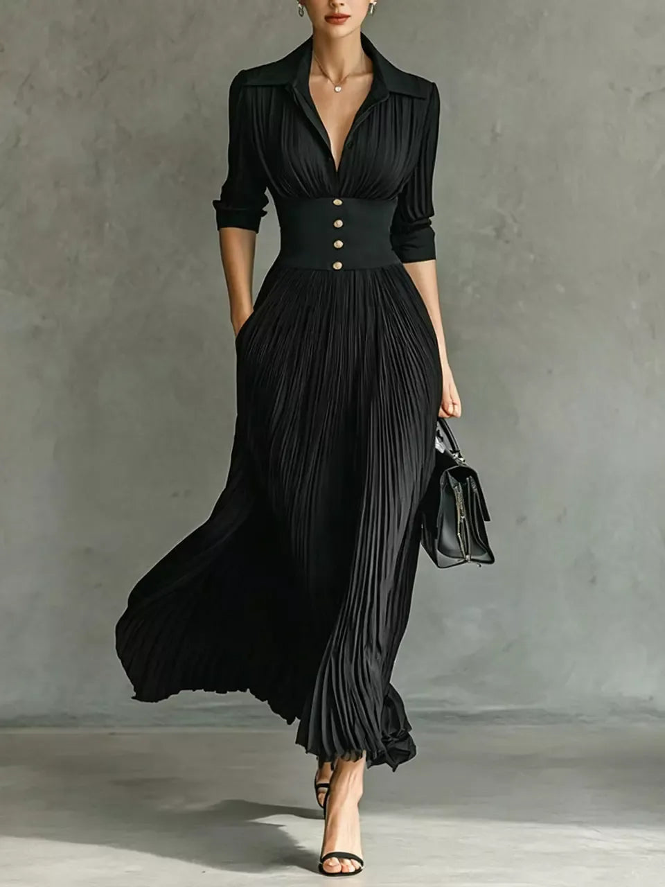 VELLARI - Abito Maxi Sartoriale con Collo a Revers e Vita Alta