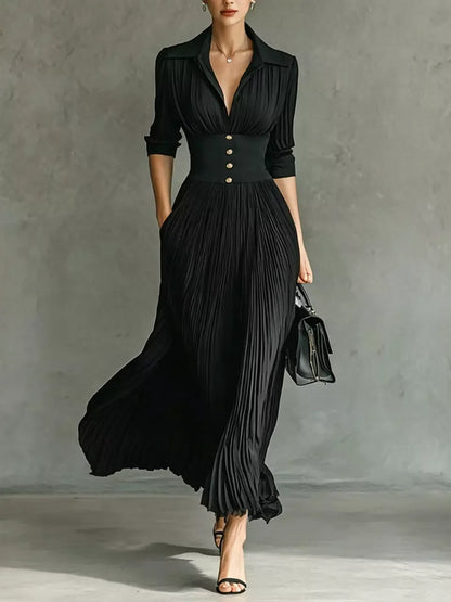VELLARI - Abito Maxi Sartoriale con Collo a Revers e Vita Alta