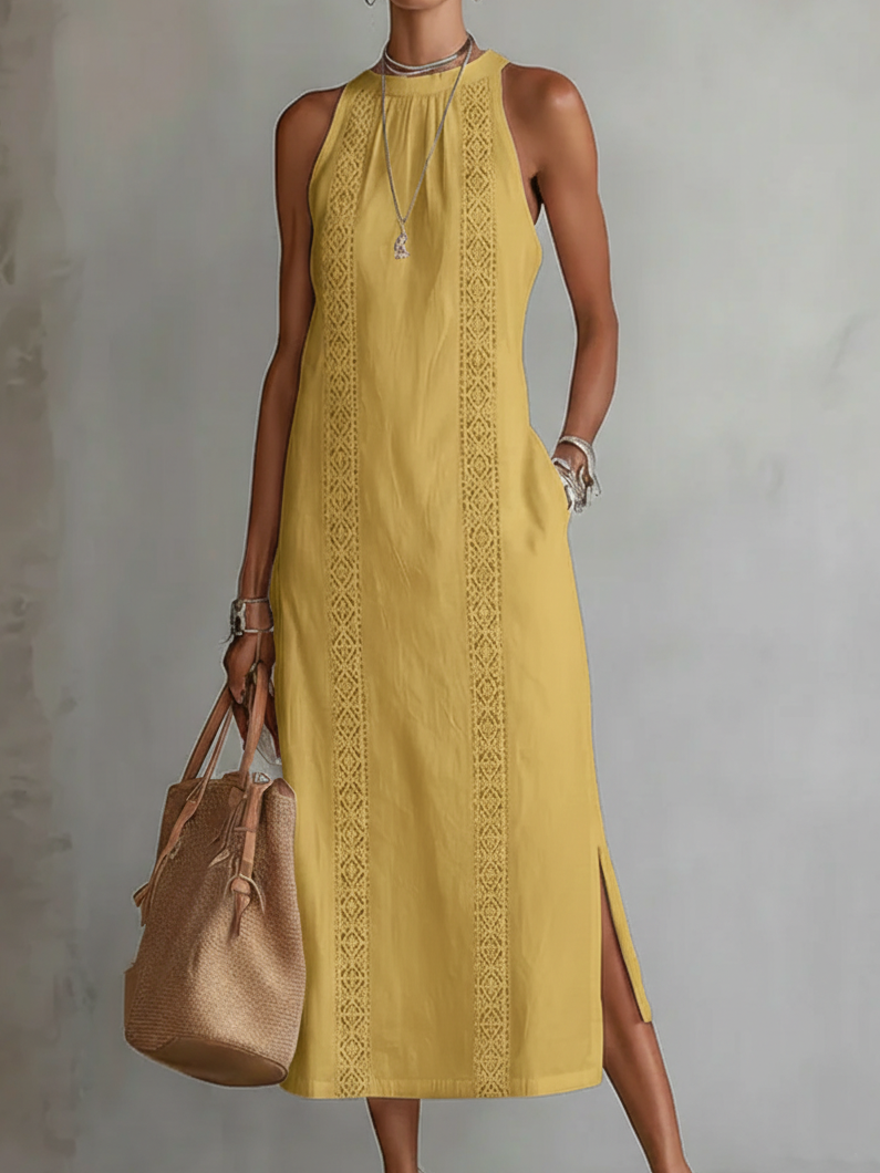 VELLARI | Abito Midi in Effetto Lino con Collo Coreano